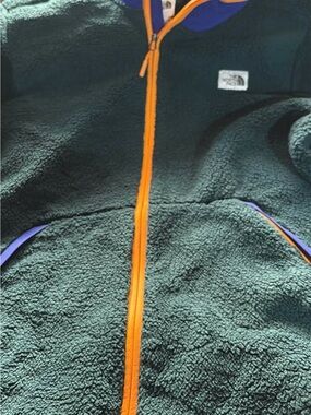 The North Face Dark Green Sherpa Fleece Jacket with Orange Trim